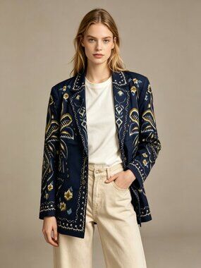 NWOT Farm Rio unisex Blue Pineapple Ikat Blazer Size M 100% Cotton